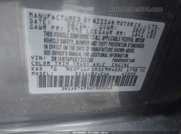 3N1AB7APXGY320268 2016 NISSAN SENTRA Gray Vista del compartimento del motor