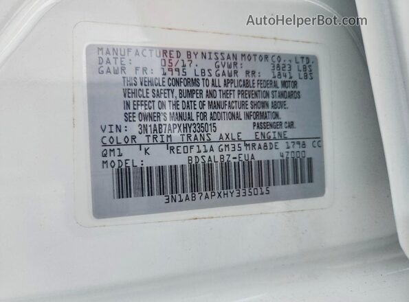3N1AB7APXHY335015 2017 NISSAN SENTRA White VIN sticker view