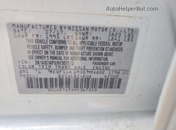 3N1AB7APXHY367513 2017 NISSAN SENTRA White Вид підкапотного простору
