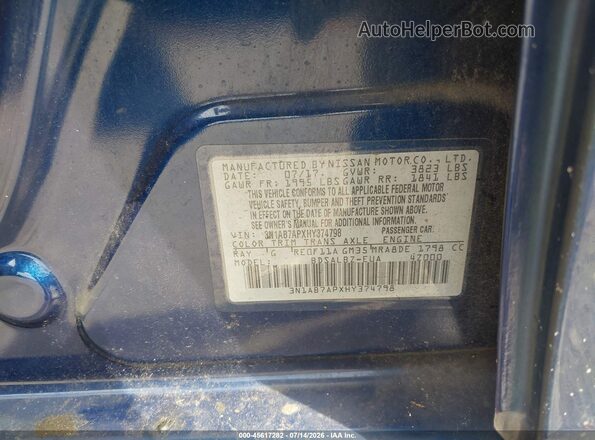 3N1AB7APXHY374798 2017 NISSAN SENTRA Blue Вид підкапотного простору