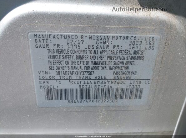 3N1AB7APXHY377507 2017 NISSAN SENTRA Серебряный Вид подкапотного пространства