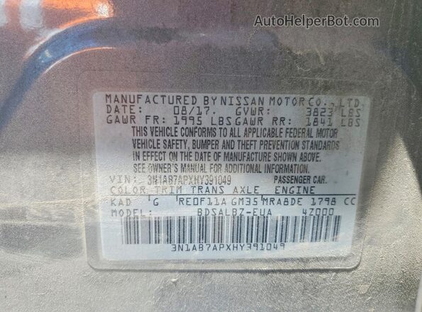 3N1AB7APXHY391049 2017 NISSAN SENTRA Gray Շարժիչի բաժամունքի տեսք