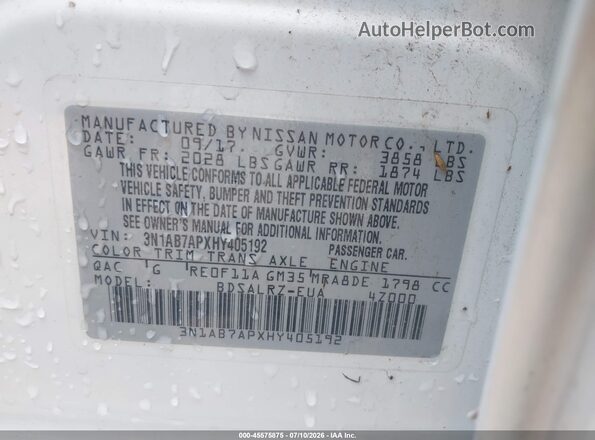 3N1AB7APXHY405192 2017 NISSAN SENTRA White Widok komory silnika