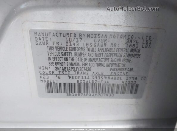 3N1AB7APXJY207430 2018 NISSAN SENTRA Silver Widok komory silnika