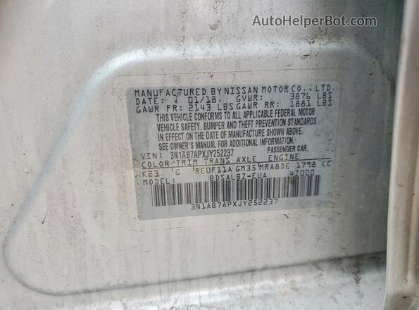 3N1AB7APXJY252237 2018 NISSAN SENTRA Серебряный Вид наклейки с VIN-кодом