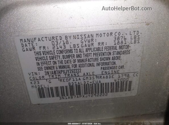 3N1AB7APXJY292222 2018 NISSAN SENTRA Silver Engine compartment view