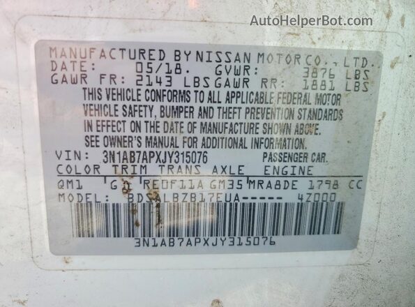 3N1AB7APXJY315076 2018 NISSAN SENTRA White Вид підкапотного простору