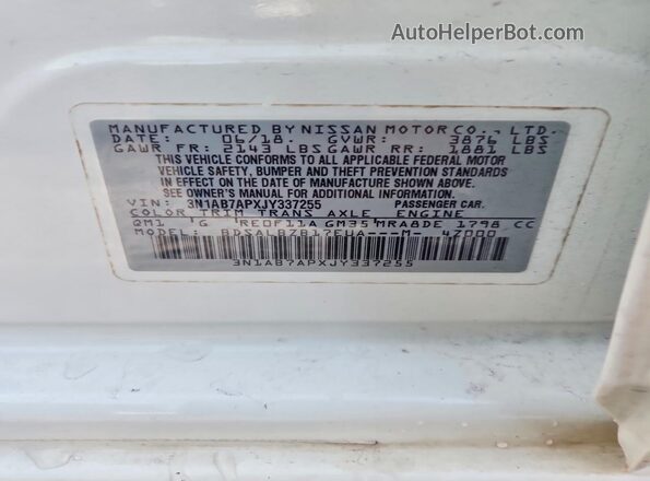 3N1AB7APXJY337255 2018 NISSAN SENTRA White Engine compartment view