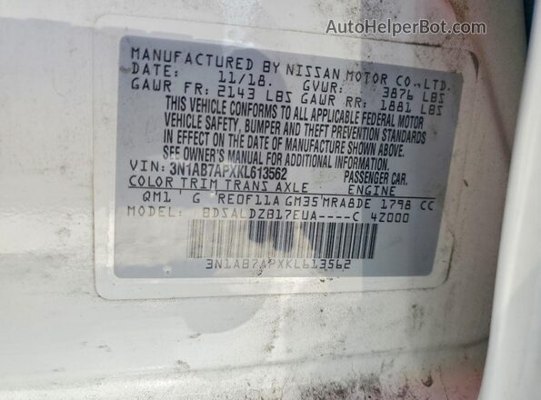 3N1AB7APXKL613562 2019 NISSAN SENTRA White Engine compartment view