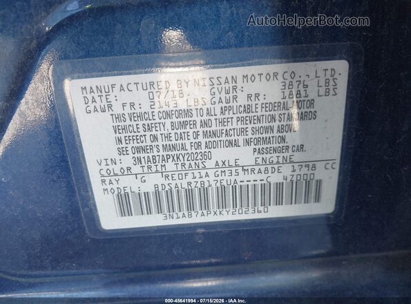 3N1AB7APXKY202360 2019 NISSAN SENTRA Blue ძრავის განყოფილების ხედი