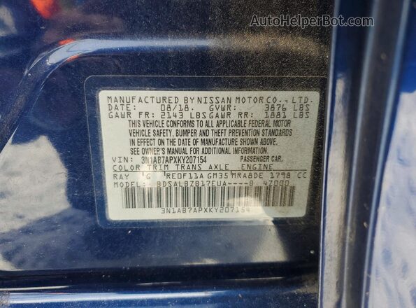 3N1AB7APXKY207154 2019 NISSAN SENTRA Blue Vista de la etiqueta del VIN