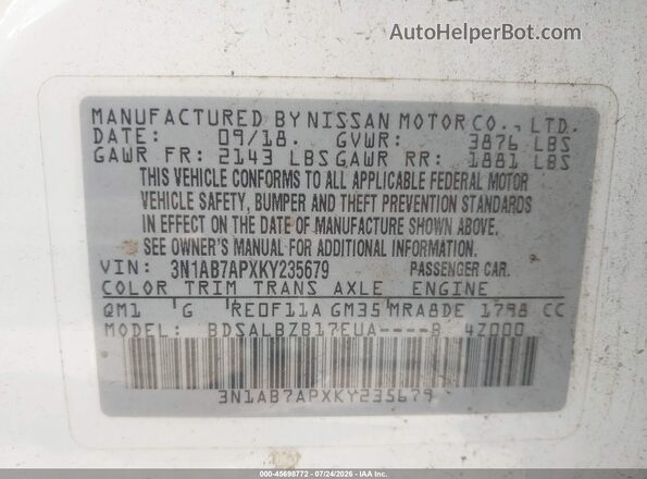 3N1AB7APXKY235679 2019 NISSAN SENTRA White Вид підкапотного простору