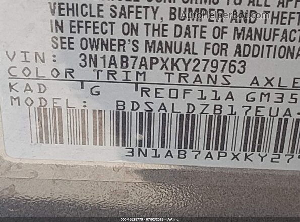 3N1AB7APXKY279763 2019 NISSAN SENTRA Gray Vista del compartimento del motor