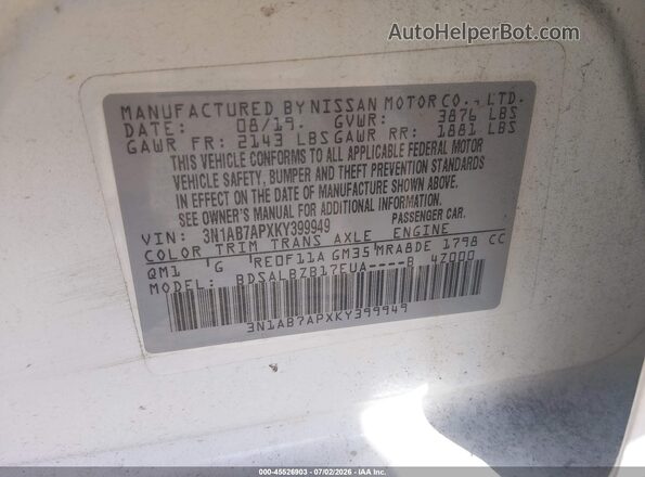 3N1AB7APXKY399949 2019 NISSAN SENTRA White Вид підкапотного простору