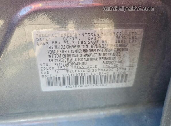 3N1AB7APXKY402400 2019 NISSAN SENTRA Gray Вид підкапотного простору