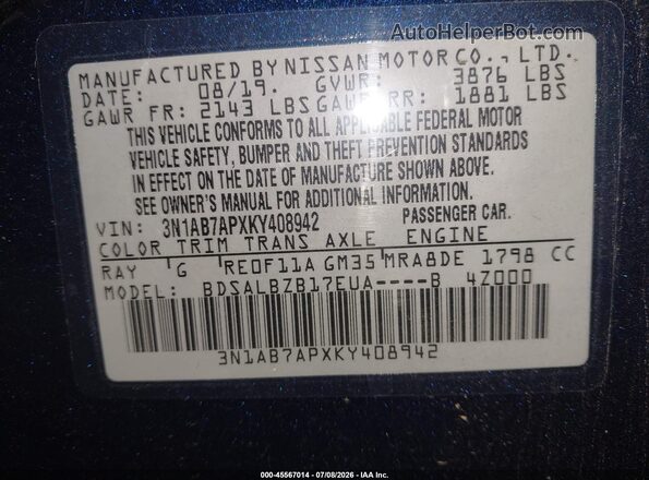 3N1AB7APXKY408942 2019 NISSAN SENTRA Dark Blue Շարժիչի բաժամունքի տեսք
