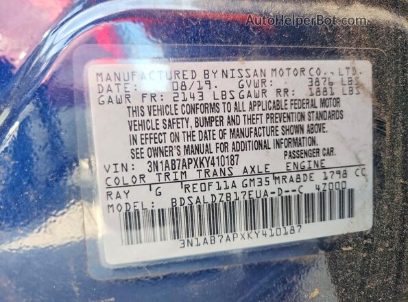 3N1AB7APXKY410187 2019 NISSAN SENTRA Blue Engine compartment view
