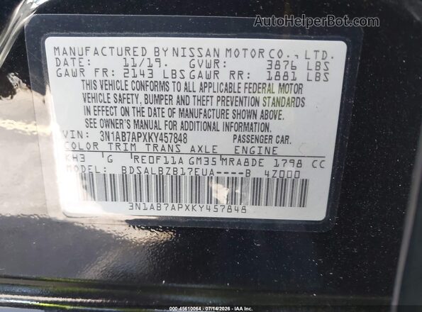 3N1AB7APXKY457848 2019 NISSAN SENTRA Black ძრავის განყოფილების ხედი