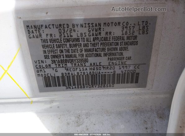 3N1AB8BV0RY328580 2024 NISSAN SENTRA Белый Вид подкапотного пространства