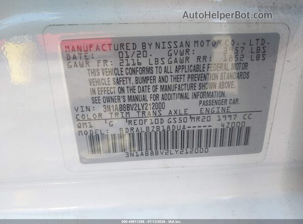 3N1AB8BV2LY212000 2020 NISSAN SENTRA White Widok komory silnika