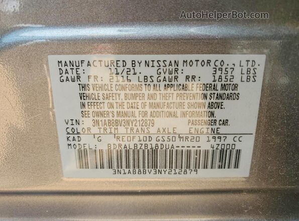 3N1AB8BV3NY212879 2022 NISSAN SENTRA Gray Vista de la etiqueta del VIN