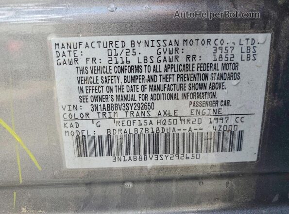3N1AB8BV3SY292650 2025 NISSAN SENTRA Gray Widok naklejki z numerem VIN