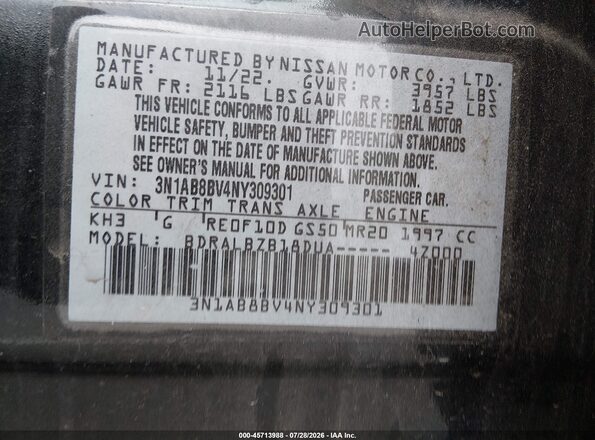 3N1AB8BV4NY309301 2022 NISSAN SENTRA Black Engine compartment view