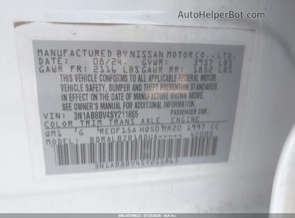 3N1AB8BV4SY211865 2025 NISSAN SENTRA White ძრავის განყოფილების ხედი