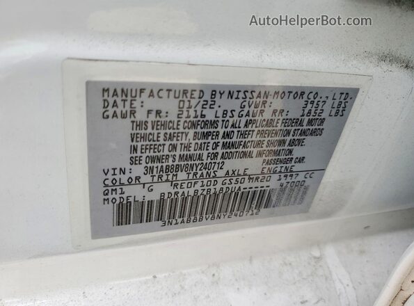 3N1AB8BV8NY240712 2022 NISSAN SENTRA White Շարժիչի բաժամունքի տեսք
