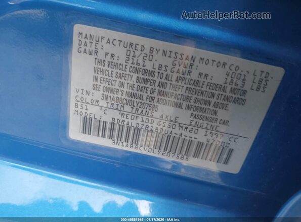 3N1AB8CV0LY207585 2020 NISSAN SENTRA Blue Widok komory silnika
