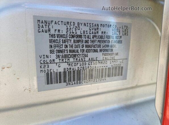 3N1AB8CV0MY217244 2021 NISSAN SENTRA Серебряный Вид подкапотного пространства