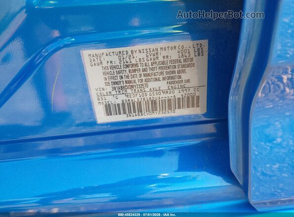 3N1AB8CV0MY232570 2021 NISSAN SENTRA Blue Widok komory silnika
