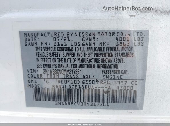3N1AB8CV0MY317361 2021 NISSAN SENTRA White Widok komory silnika