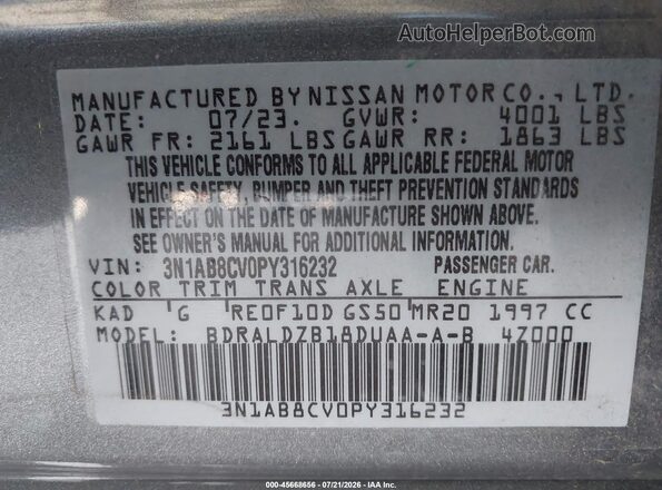 3N1AB8CV0PY316232 2023 NISSAN SENTRA Gray Շարժիչի բաժամունքի տեսք