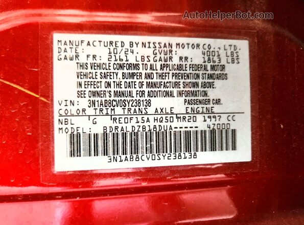 3N1AB8CV0SY238138 2025 NISSAN SENTRA Burgundy VIN კოდის სტიკერის ხედი
