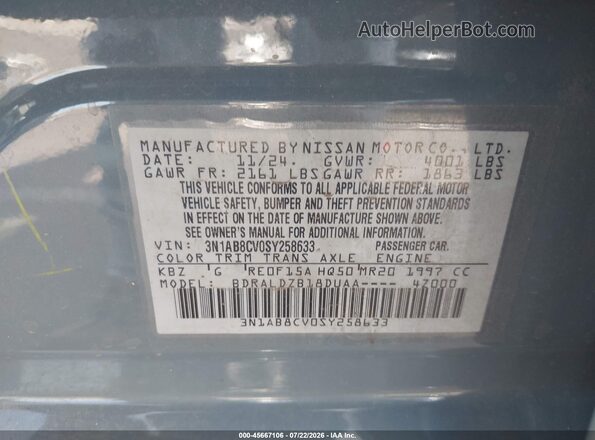 3N1AB8CV0SY258633 2025 NISSAN SENTRA Silver Vista del compartimento del motor