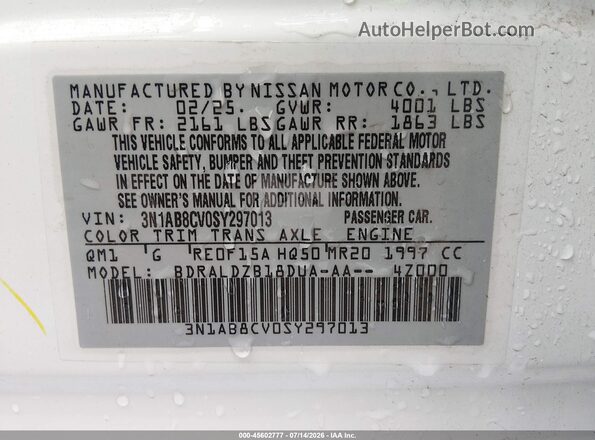 3N1AB8CV0SY297013 2025 NISSAN SENTRA White Vista del compartimento del motor