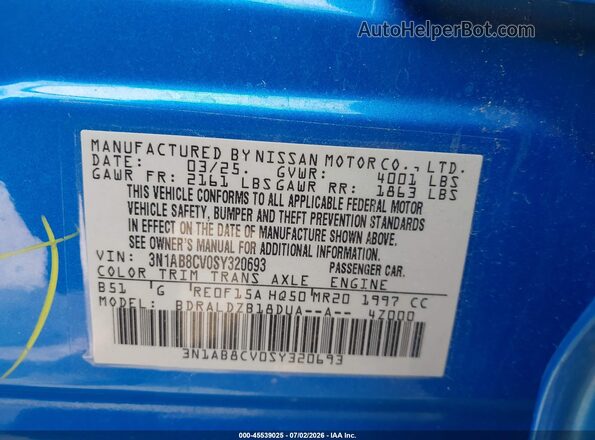 3N1AB8CV0SY320693 2025 NISSAN SENTRA Blue Вид підкапотного простору