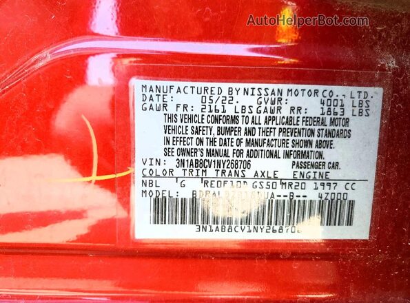 3N1AB8CV1NY268706 2022 NISSAN SENTRA Red VIN კოდის სტიკერის ხედი