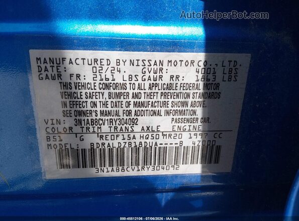 3N1AB8CV1RY304092 2024 NISSAN SENTRA Синий Вид подкапотного пространства