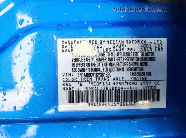 3N1AB8CV1SY381860 2025 NISSAN SENTRA Blue Vista de la etiqueta del VIN