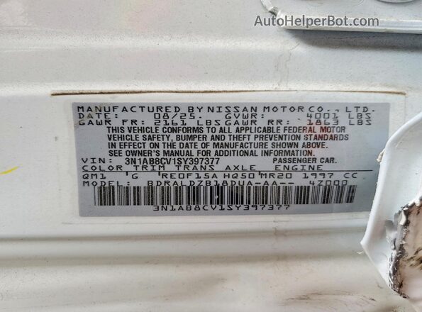 3N1AB8CV1SY397377 2025 NISSAN SENTRA White Widok naklejki z numerem VIN