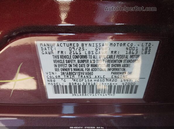 3N1AB8CV1SY414940 2025 NISSAN SENTRA Maroon Vista del compartimento del motor