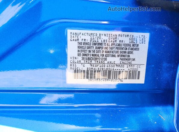 3N1AB8CV2MY210196 2021 NISSAN SENTRA Blue Շարժիչի բաժամունքի տեսք