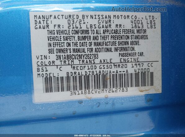 3N1AB8CV2MY262783 2021 NISSAN SENTRA Blue Vista del compartimento del motor