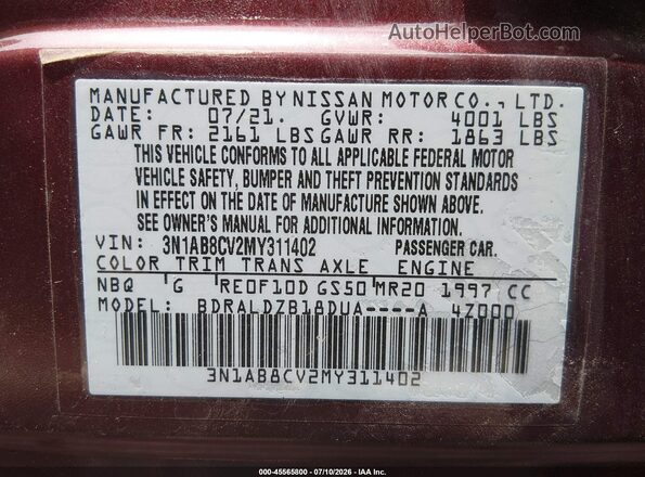 3N1AB8CV2MY311402 2021 NISSAN SENTRA Red Engine compartment view