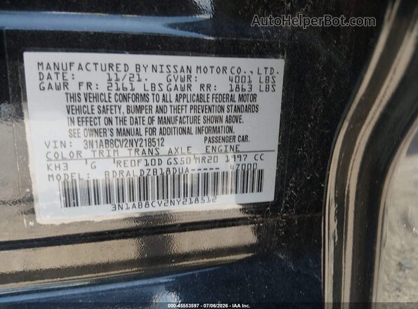 3N1AB8CV2NY218512 2022 NISSAN SENTRA Black Vista del compartimento del motor
