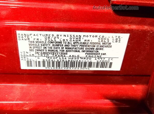 3N1AB8CV2SY213046 2025 NISSAN SENTRA Красный Вид наклейки с VIN-кодом