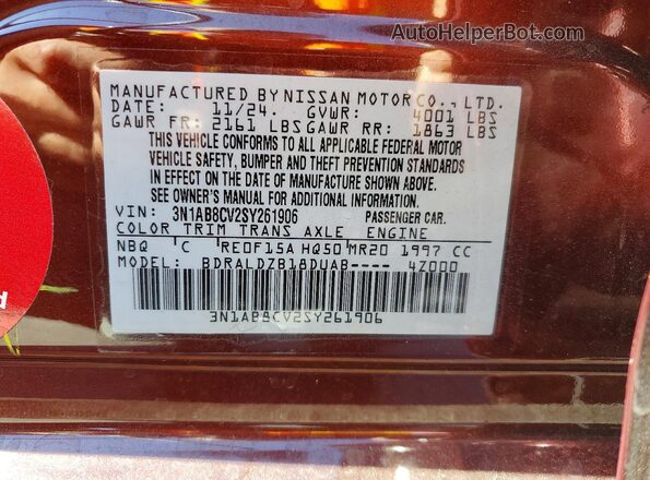 3N1AB8CV2SY261906 2025 NISSAN SENTRA Burgundy VIN კოდის სტიკერის ხედი