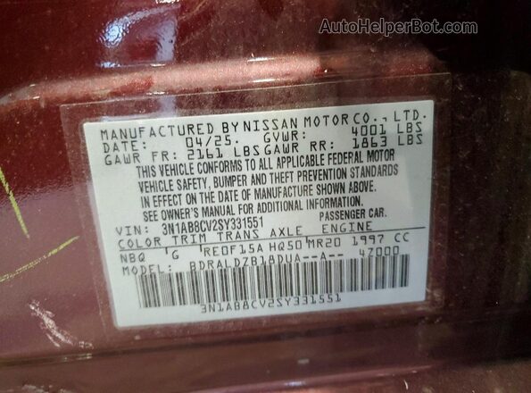 3N1AB8CV2SY331551 2025 NISSAN SENTRA Burgundy VIN კოდის სტიკერის ხედი
